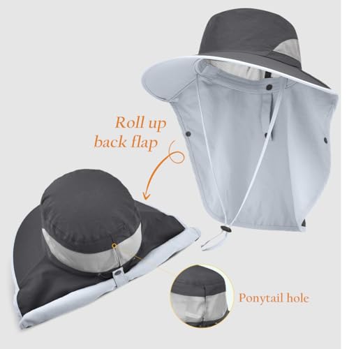 Womens Sun Hat Wide Brim UPF50+ Outdoor Sun Protection Ladies Fishing Hat with Neck Flap Detachable Face Cover - color: Dark Grey