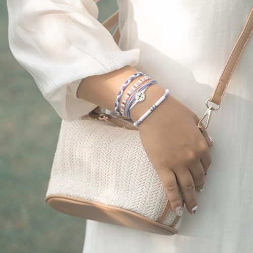 FANCY SHINY Boho Nautical Compass String Bracelets Beaded Clay Beads Bracelet Stackable Friendship Bracelets Summer Beach Outfits for Women Girls - color: Purple