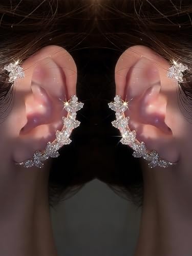2Pcs Rhinestone Butterfly Earrings Ear Cuffs Non-Pierced Fake Earrings Butterfly Climber Wrap Around Earring Dainty Adjustable Ear Clip Jewelry for Women - color: Style9-silver