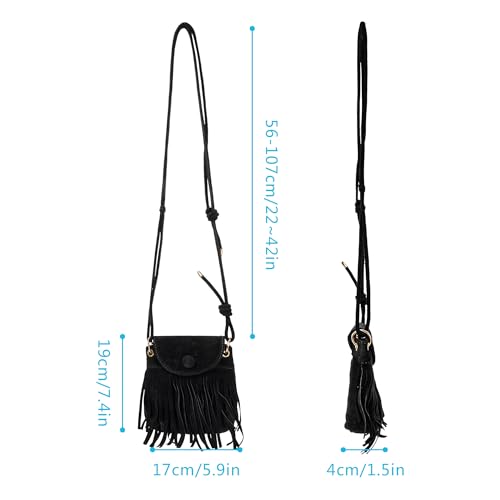 Women Leather Fringe Messenger Bag Mini Hobo Crossbody Tassel Shoulder Bags - color: Suede Black