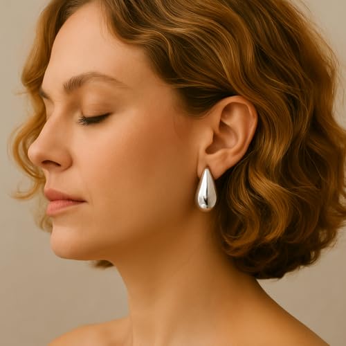 14K Gold Clip On Earrings Women,Teardrop Chunky Detachable Hoop Clip-On Earrings for Non Pierced Ears Hypoallergenic Lightweight Earring Clips - color: Silver