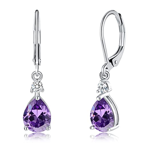 CiNily Teardrop Leverback Dangle Earrings for Women Hypoallergenic 14K Gold Plated Cubic Zircon Drop Earrings Fashion Crystal Earrings for Girls Jewelry Christmas Gifts - color: White Gold-Purple CZ