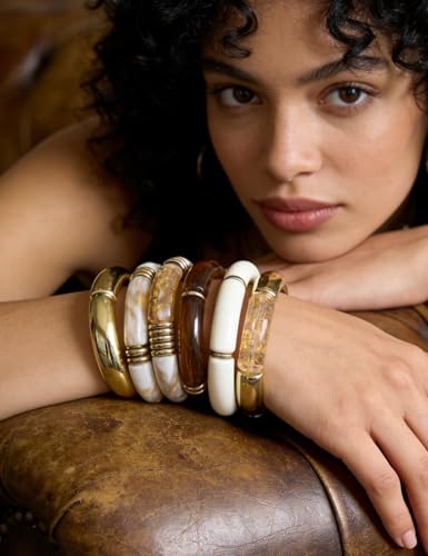 iF YOU 6pcs Chunky Acrylic Bangle Bracelets for Women, Resin Bamboo Brown Stretchy Bracelet Stack, Fashion Jewelry for Women - color: 6 Clear white brown bracelets