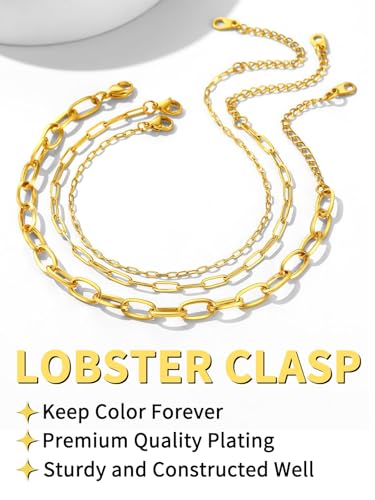 ChainsHouse Ankle Bracelets for Women, Stainless Steel Chain Anklets Waterproof, Women Summer Beach Jewelry Gift, Come with Box - color: 03. 3Pcs-(2+3+6mm)-Paperclip-14K Gold