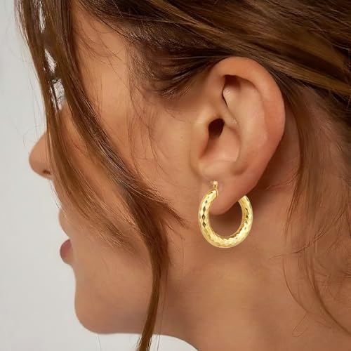 Gold Plated Hoop Earrings for Women 14K Gold Plated Earrings for Women Hypoallergenic Lightweight Wrinkle Texture Earrings Womens 20mm/25mm/30mm - size: 30mm