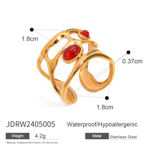Boho Red Heart Gold Band Rings Pearl Ring, Dainty Adjustable Statement Rings, Open Wrap Stackable Finger Ring Gold Fashion Jewelry Gifts for Women - color: Gold Hollow Ring - Ruby
