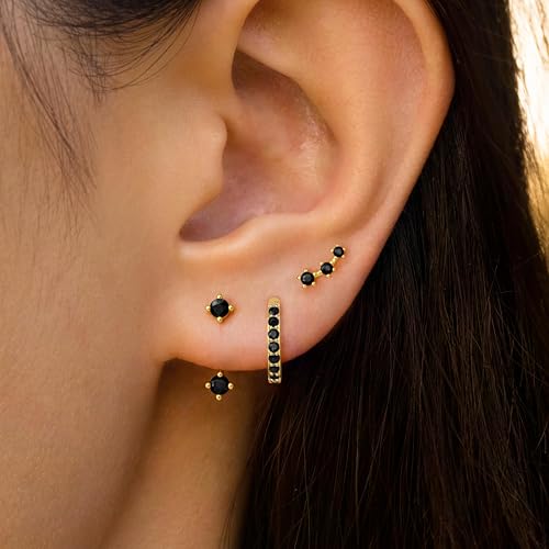 3 Pairs Dainty Small 4th of July Earrings for Women Trendy, Birthstone Stud Huggie Hoop Jacket Stack for Cartilage Helix, Gold Plated Hypoallergenic Cute Women Fashion Accessories Western Jewelry Gifts - color: Black CZ (Gold)
