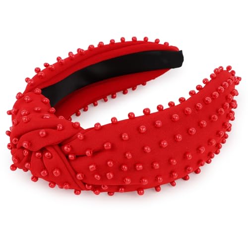 YISSION Red Beaded Knotted Headband, Wide Non-Slip Padded Top Knot Hairband for Women & Girls, 4th of July Independence Day Party Hair Accessories - color: Red