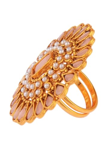 Efulgenz Indian Jewelry Rings for Women Antique Round Faux Pearl Crystal Bollywood Adjustable Big Finger Ring Fashion Party Statement Jewelry for Women - color: Peach