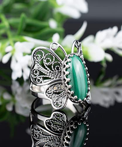 Filigranist Sterling Silver Filigree Art Butterfly Women Cocktail Ring with Gemstones - color: Malachite