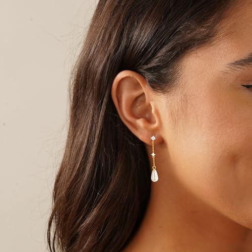 Gold Earrings for Women Trendy, Simple Dainty 14K Gold Plated Paperclip Square Chain Link Dangle Hoops Earrings Pin Stud Huggie Earrings Lightweight Hypoallergenic Minimalist Aesthetic Gold Jewelry for Christmas Gifts - color: tearldrop long pearl-gold