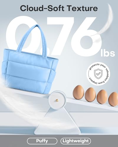 HOTOR Puffer Tote Bag for Women, Nurses - Multi-Pocket Lightweight Bag for Work - Quilted Handbag for Travel and Gym - color: Light Blue, size: 18.1" × 6.3" × 11.8"
