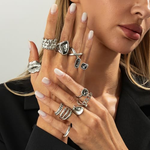 CHICUTIE Silver Kunckle Rings Set for Women, Stackable Chunky Crystal Finger Midi Stacking Rings, Dainty Black Cubic Zirconia Statement Thumb Knuckle Rings Pack Jewelry Gift