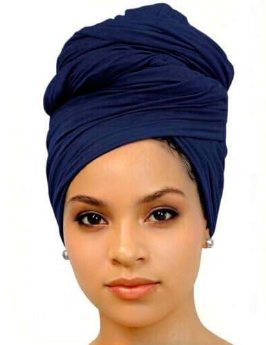 Harewom Head Wraps for Black Women Stretch Head Scarf Long African Hair Wraps Turban Headwraps Jersey Headbands - color: 1pcs -Navy Blue
