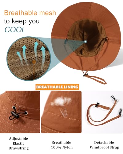 Water-Resistant Sun UPF 50+ Bucket Hat Protection Packable Brimmed Boonie for Women Men Summer Lightweight Hiking Outdoor Cap - color: Caramel