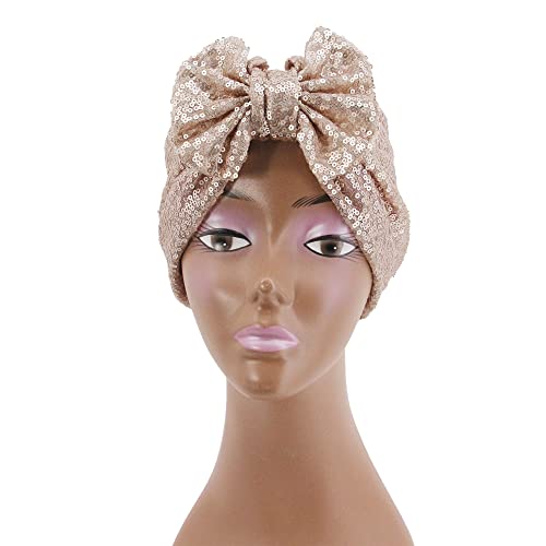Erinaco Women Sparkle Sequin African Turban Bow Knot Pre-Tied Cap Pleated Ruffle Bonnet Beanie Hat Headwrap Skull Caps - color: Champagne Sequin
