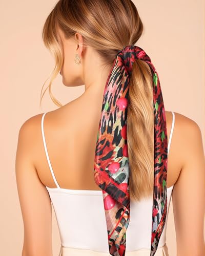 AWAYTR 35” Square Satin Head Scarf Hair Scarf for Women's Hair Silk Bandana for Women Silk Head Wrap for Sleeping - color: Leopard Print Red
