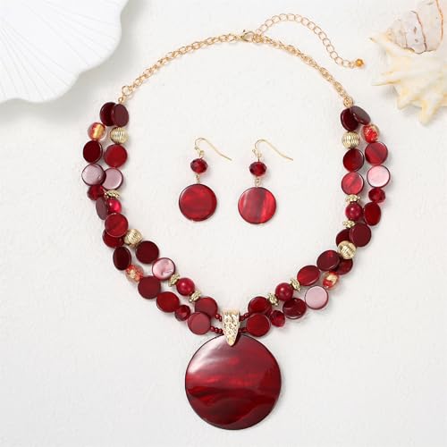 Layered Beads Statement Fashion Necklace Chunky Jewelry Set Big Colorful Glass Stone Circle Shell Pendant Choker Necklace and Earring Set for Women - color: burgundy