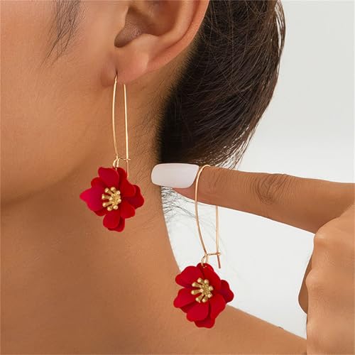 Dreuyet 6 Pairs Boho Daisy Flower Long Petal Drop Dangle Earrings for Women Bohemian Matte Floral Layered Tiered Chic Statement Earrings Wedding Spring Flower Jewelry - style: Rainbow