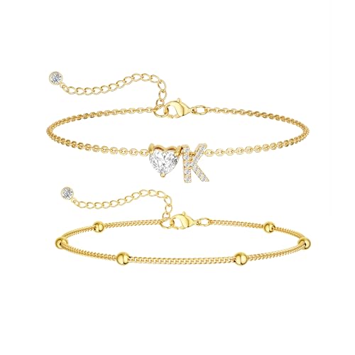 CAROVO Gold Ankle Bracelets for Women Waterproof 14K Real Gold Plated CZ Initial Anklet for Women Dainty Layered Letter A-Z Heart Ankle Bracelets Handmade Adjustable Anklet Summer Beach Jewelry - style: K