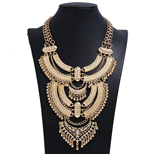 YAZILIND Clavicle Chunky Bib Necklace Layered Tassels Rhinestone Exaggerated Vintage Ethnic Long Engraved Bohemian Statement - color: Golden