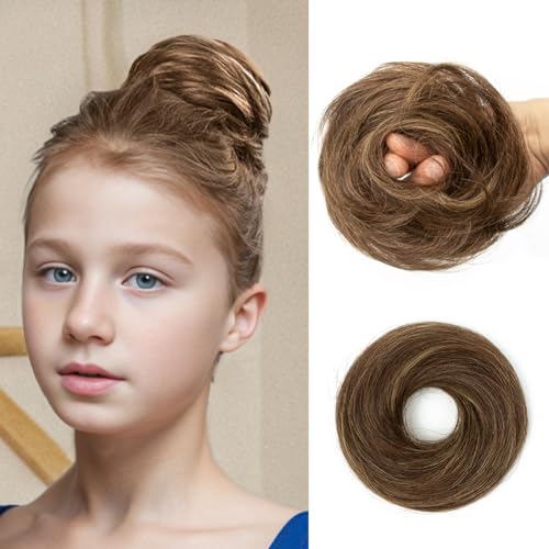 Highlight Brown Hair Bun, Messy Bun Hair Piece, Soft Fluffy Elastic Scrunchie, 30s Easy Updo for Women & Kids, Ideal for Daily Wear, Ballet, Dance & Office Use - color: Honey Brown Highlights, size: 4 Inch