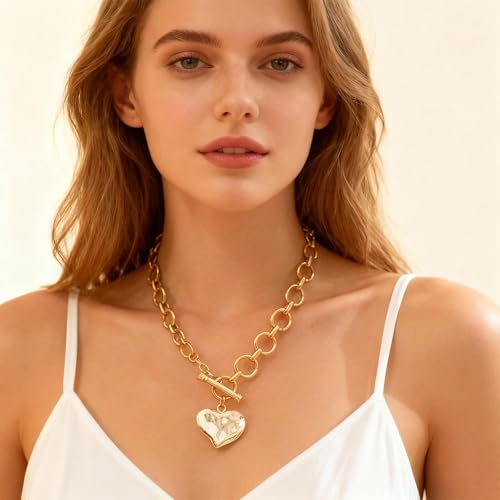 Chunky Cross Necklace for Women Chunky Gold Necklace Statement Cross Pendant Vintage Toggle Clasp Necklace Jewelry for Women - color: D1-Gold Heart Necklace