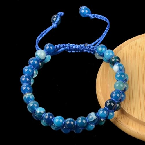 MASSIVE BEADS Double Layer Natural Chakra Healing Power Crystals Macrame Bracelet Yoga Stone Beads Gemstone Meditation Relax Anxiety Bangle for Unisex Women Men - color: Blue Stripe Agate, size: 6mm