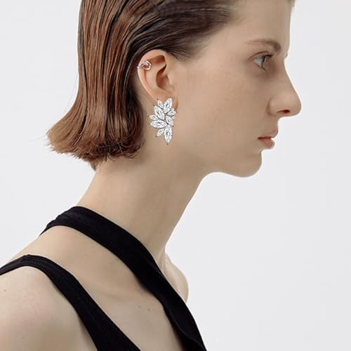 Bohemian Statement Sparkly Colourful Fancy Rhinestone Crystal Flower Dangle Drop Stud Earrings Vintage Wedding Bridal Prom Earrings for Women - color: White