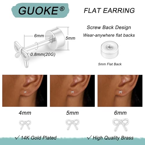 3 Pair Tiny Flat Back Earrings for Women - 14K Gold/White Gold Plated Dainty Cute Small Screw Flatback Stud Earring, Everyday Wear Gift - color: Bow Flat-4/5/6mm Silver