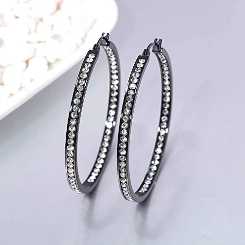 CiNily Mult-colors Crystal Stainless Steel Hoop Earring for Women Hypoallergenic Jewelry for Sensitive Ears Large Big Hoop Earrings 2" - color: Black Gold+White