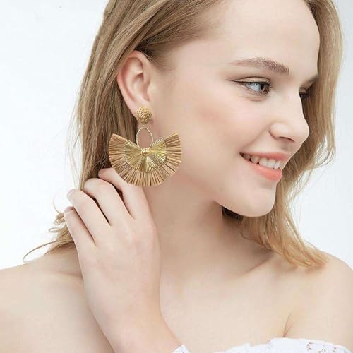 Anmpab Straw Fan Bohemian Tassel Earrings for Women Trendy Colorful Fringe Summer Beach Statement Earrings - color: Brown