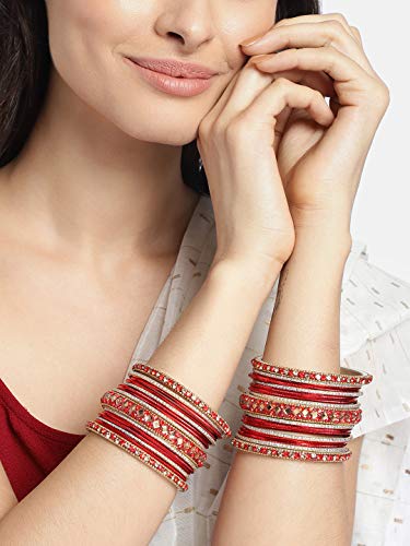 Aheli Ethnic Colorful Metal Bangles Chudha Set Stone Studded Bangle Set Indian Wedding Wear Fashion Jewelry Gift for Women Blue - color: Red