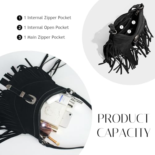 Fringe Hobo Purse for Women,Western Small Fringed Shoulder Bag Vegan Suede Hippie Crossbody Bag with Tassel - color: Black