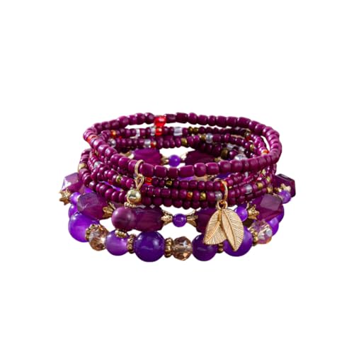 Caiyao 4Pcs Bohemia Multilayer Stackable Beaded Bracelets Set Colorful Crystal Stone Gold Beaded Stretch Bracelets Hawaii Charm Bracelet for Women Men Summer Beach Boho Vacation Jewelry Gifts - color: 7pcs dark purple