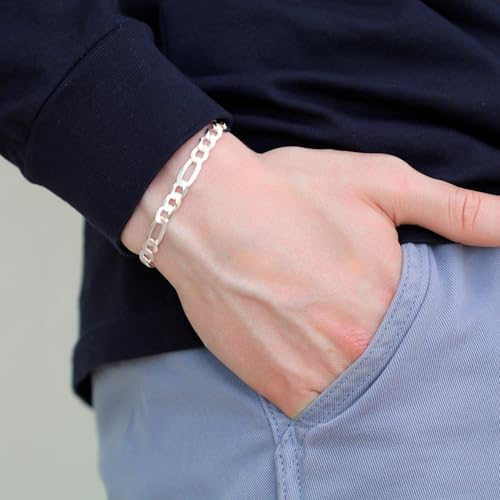 Aka Gioielli - Solid 925 Sterling Silver 7mm Diamond-Cut Figaro Link Chain - Bracelet for Men and Women - Made in Italy