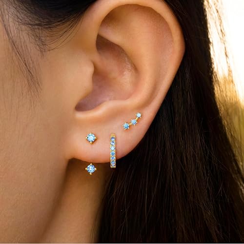 3 Pairs Dainty Small 4th of July Earrings for Women Trendy, Birthstone Stud Huggie Hoop Jacket Stack for Cartilage Helix, Gold Plated Hypoallergenic Cute Women Fashion Accessories Western Jewelry Gifts - color: 03Blue Created Aquamarine-Mar (Gold)