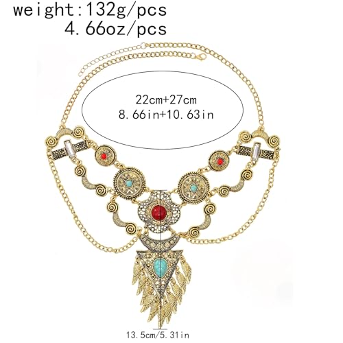 Bethynas Bohemian Ethnic Tribal Chunky Necklace Multilayer Long Tassel Turquoise Statement Neck Chain Retro Coin Gemstone Exaggerated Costume Accessories for Women - color: B-Gold