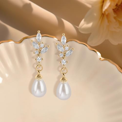 Pearl Earrings for Women, 14k Gold Plated Trendy Diamond Pearl Drop Earrings Hypoallergenic Dainty Bridal Gifts Wedding jewelry for Women - color: C - Gold