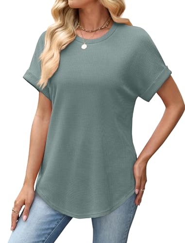 Sampeel Summer Tops for Women 2026 Trendy Rolled Short Sleeve Shirts Waffle Knit Crew Neck Tops Curved Hem Fashion Clothing - color: Agate Green, size: Medium