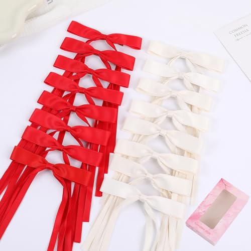 WORTL Red Hair Bows Clips Coquette Ribbon Bowknot with Long Tail Princess Hair Bows French Barrettes Hair Accessories for Women Girls 16PCS (Red, Cream) - color: Red, Cream