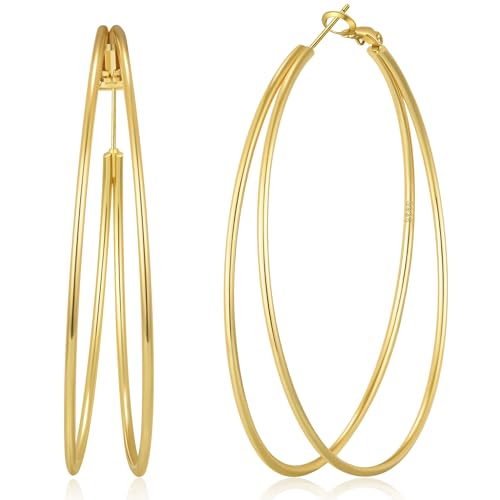 OOOPEL Large Thin Double Hoop Earrings for Women Lightweight Hypoallergenic 925 Sterling Silver Post 14K Gold Hoops Non Tarnish Sturdy Big Thin Double Layered Hoop Earrings 30/40/50/60mm - color: Gold, size: 60mm