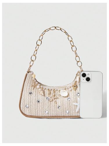 MakeMeChic Women's Straw Beach Purse Seashell Beaded Shoulder Handbags Summer Vacation Bags - color: Multicolor Rhinestone