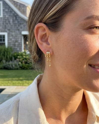 MUMREUES Gold Earrings for Women Trendy 14K Gold Plated Dangle Earrings Small Hoop Huggie Drop Stud Earrings Cubic Zirconia Simple Minimalist Dainty Chain Tassel Hypoallergenic Earrings - color: Simple & Gold