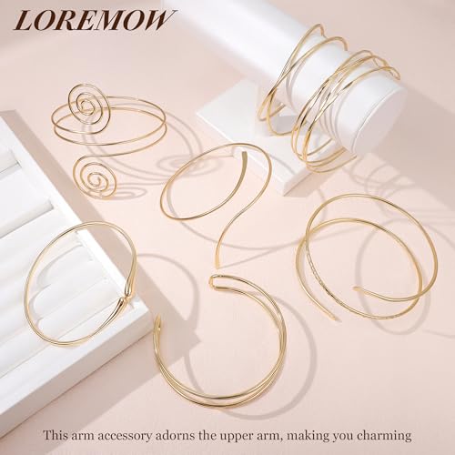 7Pcs Upper Arm Cuff for Women Gold Silver Open Arm Cuff Bracelets Adjustable Armlet Armband Minimalist Coil Swirl Arm Cuff Bracelet Jewelry - style: Gold-B