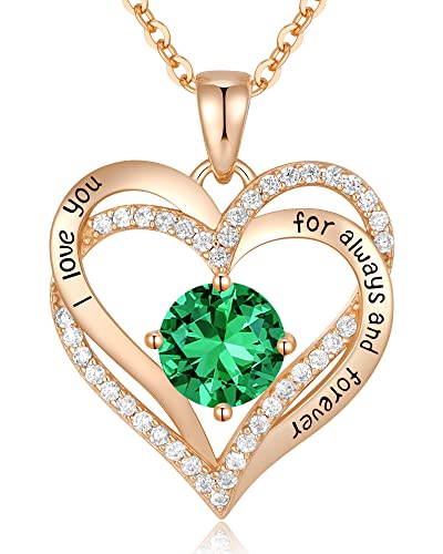 CDE Engraved Forever Love Heart Birthstone Necklace Jewelry Gifts for Women | Hypoallergenic,Nickel-Free & Lead-Free,3 x 3 mm 5A CZ Heart Pendant,Anniversary Christmas Birthday Gift for Girlfriend Wife - color: Birthstone-05-May, style: Rose Gold Plated-S