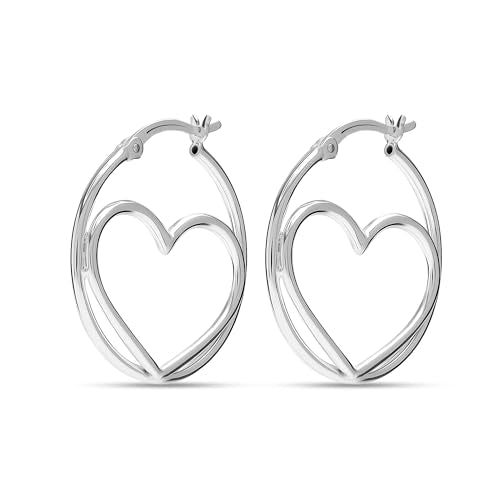 LeCalla 925 Sterling Silver Heart Hoop Earrings for Women | Love Theme Heart Shaped Hoop Earring | Womens Italian Love Heart Earrings Hoops - color: Classic Double Heart