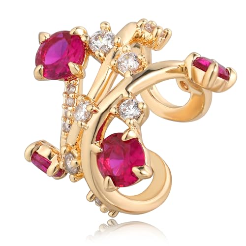 DREMMY STUDIOS Women Ear Cuff Non Piercing | 14K Gold Plated Cubic Zirconia Fake Earrings Wrap Clip on Cartilage Earring | Lightweight Hypoallergenic Jewelry SINGLE EAR CUFF - style: Red Flower
