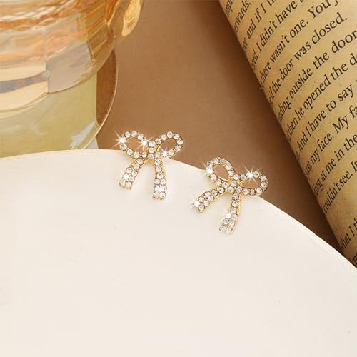 Rhinestone Bow Earrings for Women, Elegant Bridal Jewelry Statement Drop Dangle Earrings, Wedding Guest Dress Matching Accessories, Bridesmaid Gift, Sparkling Party Costume Outfit - color: A1:Gold Bow Stud Earrings