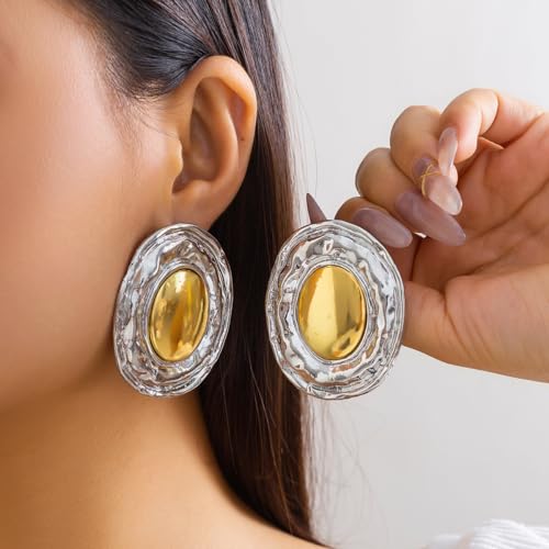 Mixed Metal Statement Earrings for Women Chunky Earrings Big Statement Large Oval Round Pebble Shape Earring Irregular Geometric Drop Dangle Earring Chunky Jewelry - style: 1 - S